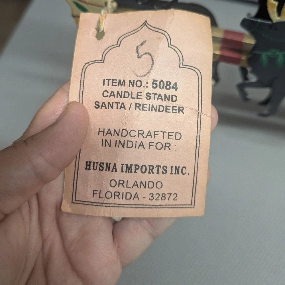 VTG Santa Sleigh Reindeer Metal Candle Stand Christmas Decor Husna Imports 5084